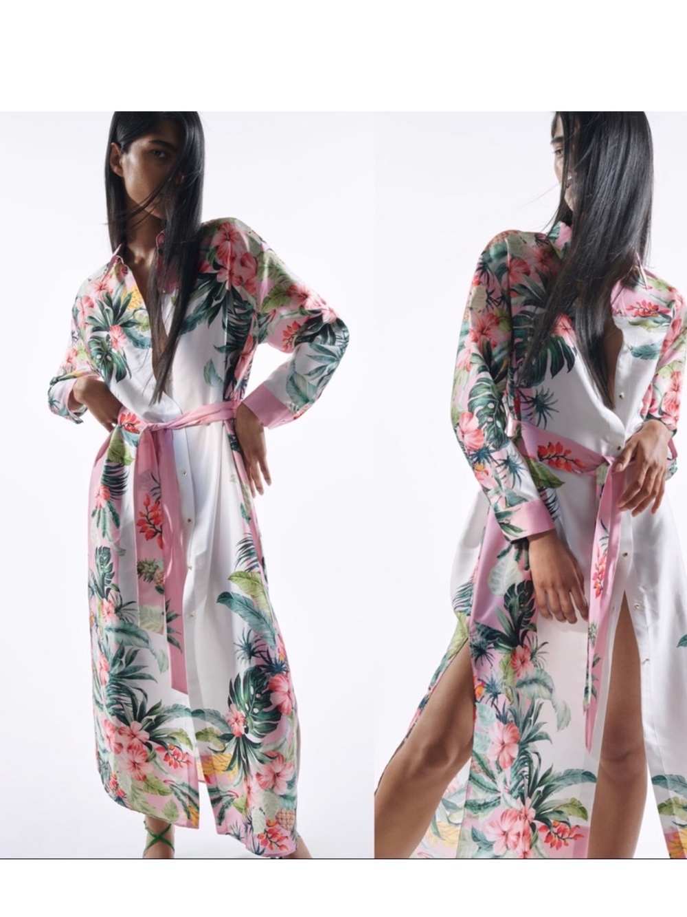 Zara White Pink Green Tropical Floral Maxi Dress with Tie Waist small New